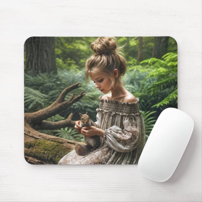 Girl With Squirrel In Woodland Mouse Pad (With Mouse)