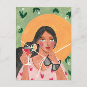 Girl with summer hat sunglasses floral wallpaper postcard