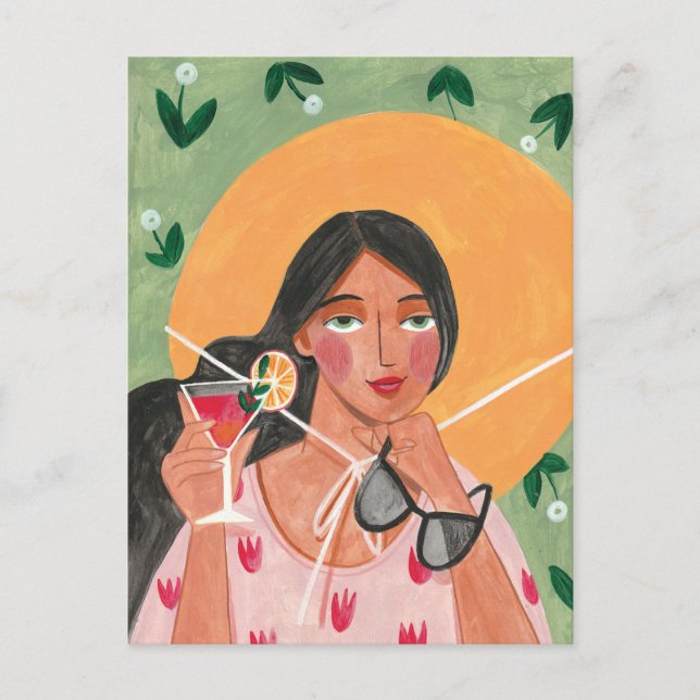 Girl with summer hat sunglasses floral wallpaper postcard (Front)