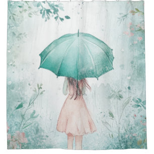 Girl with Teal Umbrella Rainy Garden