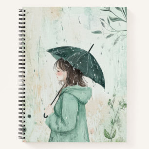 Girl with Teal Umbrella Rainy Garden (2) Notebook