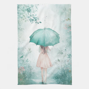 Girl with Teal Umbrella Rainy Garden Kitchen Towel