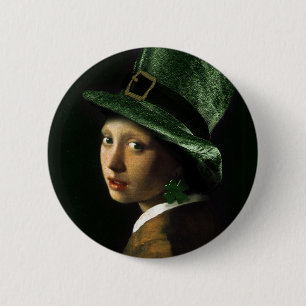 Girl With The Shamrock Earring - St Patrick's Day 2 Inch Round Button