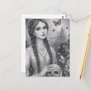 Girl With the Skull Black and White Fantasy Postcard