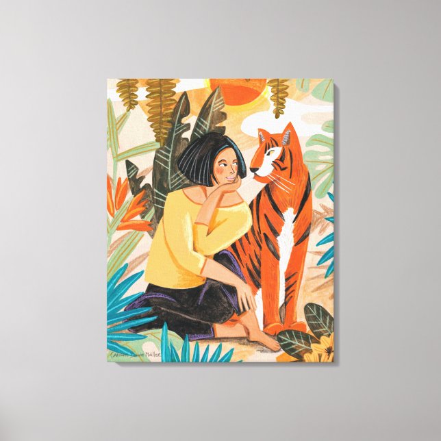 Girl with tiger sunset jungle poster canvas print (Front)