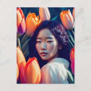 Girl with tulips, postcard for postcrossing