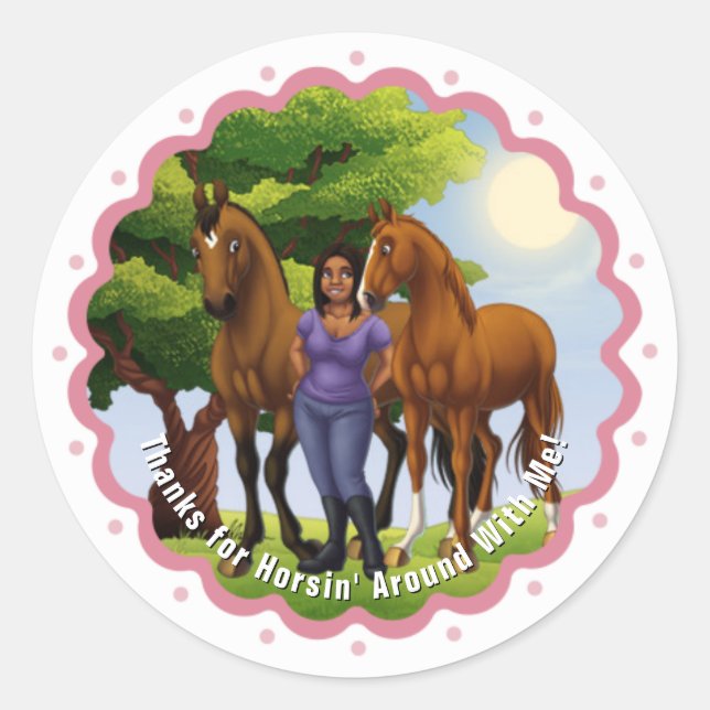 Girl with Two Horses in Pasture Classic Round Sticker (Front)