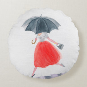 Girl with umbrella in rain. fashion illustration.  round pillow