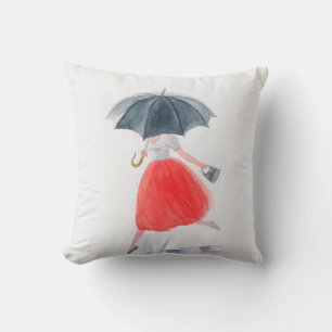 Girl with umbrella in rain. fashion illustration.  throw pillow