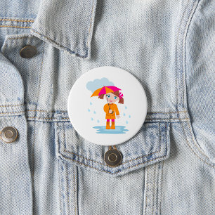 Girl with Umbrella in Rain Kids Rainy Day 3 Inch Round Button