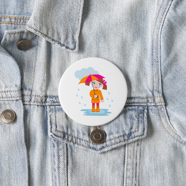 Girl with Umbrella in Rain Kids Rainy Day 3 Inch Round Button (Creator Uploaded)