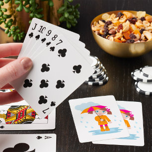 Girl with Umbrella in Rain Kids Rainy Day Playing Cards