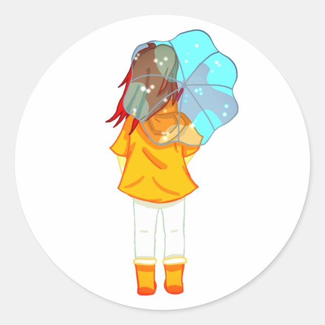 Girl with Umbrella in Wind Drawing  Classic Round Sticker (Front)