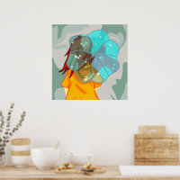 Girl with Umbrella in Wind Rain Green Swirl