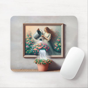 Girl With Watering Can In Garden Painting Mouse Pad