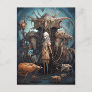 Girl With Weird Monsters Surreal Art Postcard