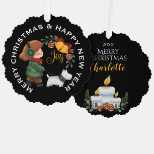 Girl with White Scottie Dog, PERSONALIZED Christma Ornament Card