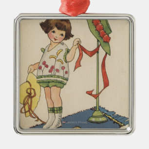 Girl with Yellow Hat and Chick Metal Ornament