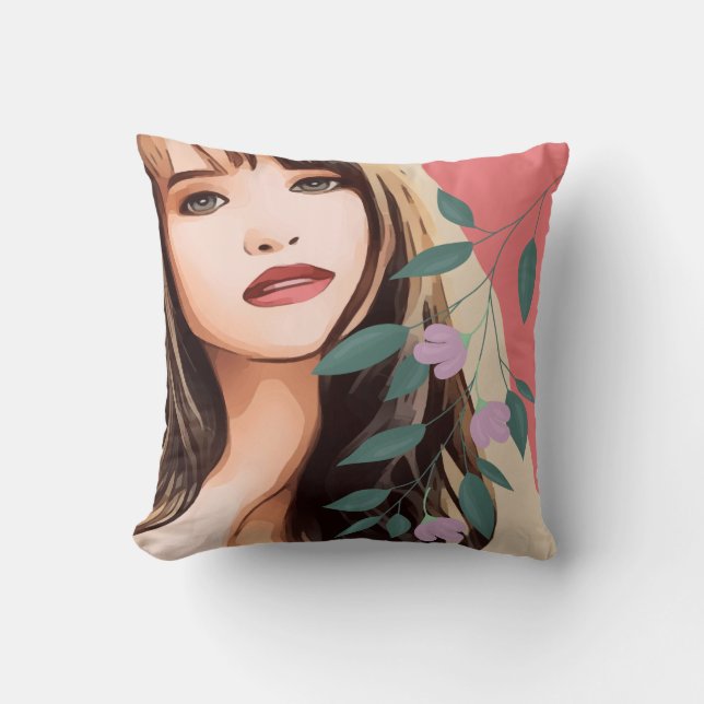 Girl woman female lady pretty face, portrait art T Throw Pillow (Front)
