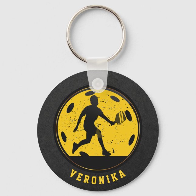 Girl Woman Pickleball Player Racketball Name Black Keychain (Front)