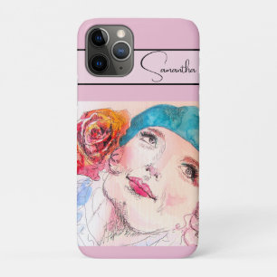 Girl Woman Pink Red RoseWatercolor Aqua Phone iPhone 11 Pro Case
