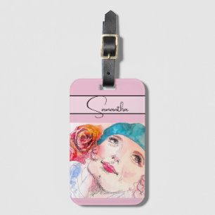 Girl Woman Pink Watercolor Aqua Beret Rose Phone Luggage Tag