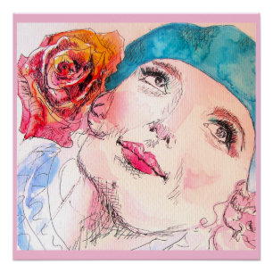 Girl Woman Pink Watercolor Aqua Beret Rose Poster