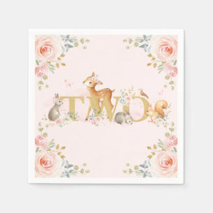 Girl Woodland 2nd Birthday Pink Gold Floral Napkin
