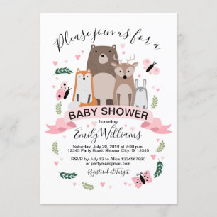 Girl Woodland Animals Baby Shower Invitation