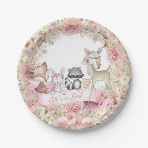 Girl Woodland Animals Baby Shower Paper Plate