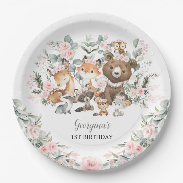 Girl Woodland Animals Eucalyptus Roses Birthday Paper Plate (Front)