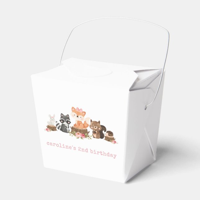 Girl Woodland Animals Pink Floral Birthday Party Favor Box (Front Side)