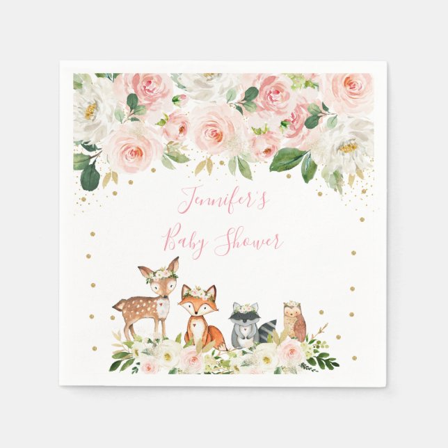 Girl Woodland Baby Shower Blush Floral Napkin (Front)
