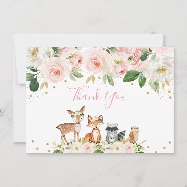Girl Woodland Baby Shower Blush Floral Thank You (Front)