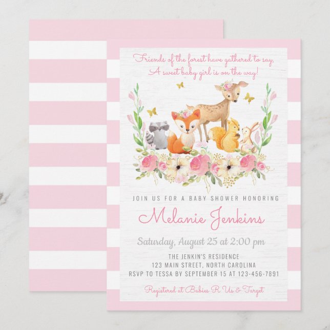 Girl Woodland Deer Baby Shower Invitation (Front/Back)