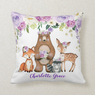Girl Woodland Forest Animals Purple Floral Nursery Throw Pillow