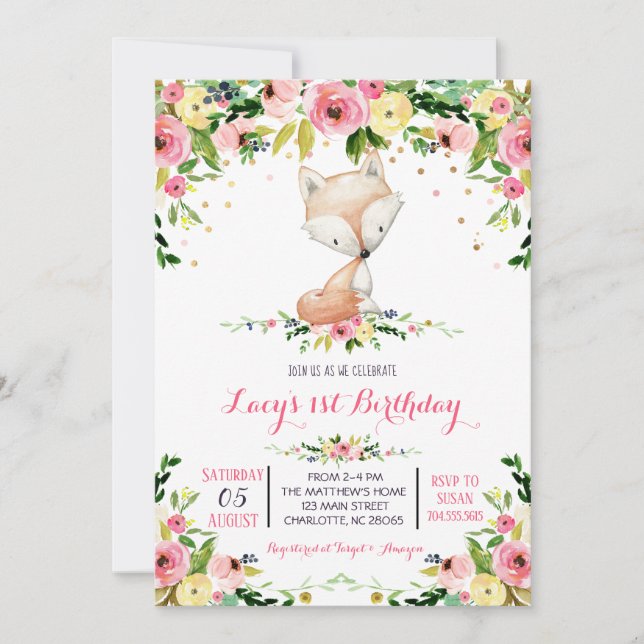 girl woodland  foxbirthday invitation (Front)