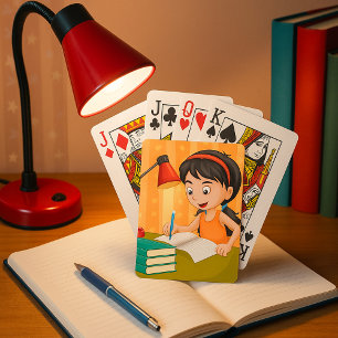 Girl Working At A Desk Playing Cards