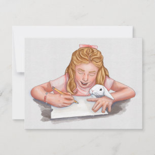 Girl writing with pet rabbit eating paper/original
