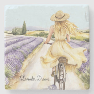 Girl Yellow Dress Bike Road Lavender Dreams Stone Coaster