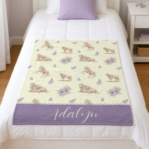 Girl Yellow Purple Horse Floral Pattern Monogram Fleece Blanket