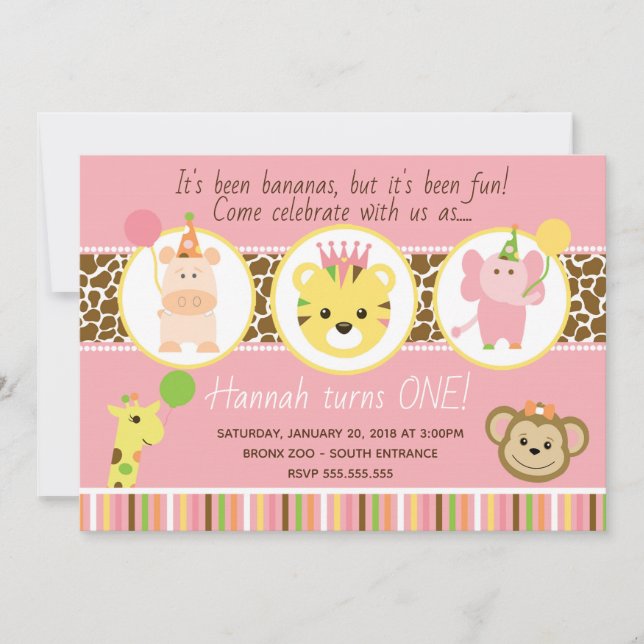 Girl Zoo Birthday Party Invitation (Front)