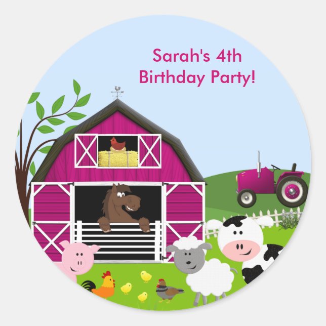 GirlBarnyard Farm Animals Birthday Sticker (Front)