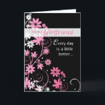 Girlfriend Birthday Card, Pink, Black, Swirls Card<br><div class="desc">Wish your girlfriend a happy birthday,  and let her know how important she is in your life. This bright and beautiful flowers and swirls decorate the front of this striking card that she will love! Fully designed on the inside,  and fully customizable!</div>