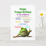 Girlfriend, Birthday, Frog Jokes Card<br><div class="desc">A funny birthday card for your girlfriend. Lots of really bad frog jokes. A cool frog puts his thumb up to show he likes the jokes. give a laugh as well as a cool birthday card.</div>