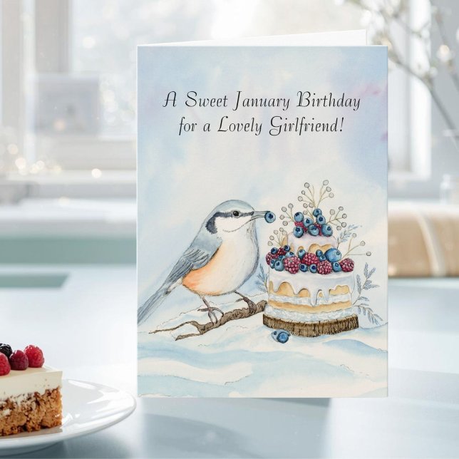 Girlfriend Happy January Birthday Nuthatch Bird Card (Creator Uploaded)