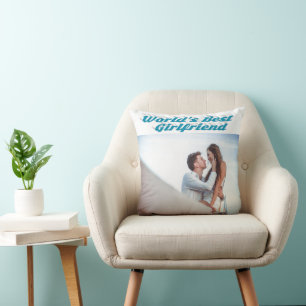 Girlfriend with sky blue typography photo throw pillow