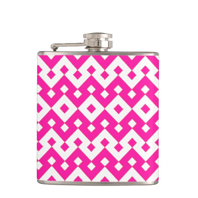 Girlie Candy Pink and White Geometric Hip Flask (Front)