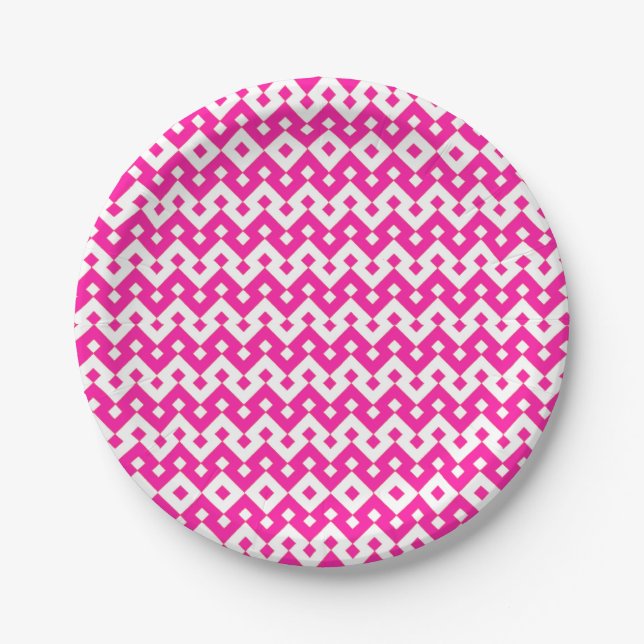 Girlie Candy Pink and White Geometric Paper Plate (Front)