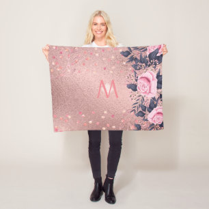 Girliest Ever ROSEGOLD Blue Pink Floral MONOGRAM Fleece Blanket